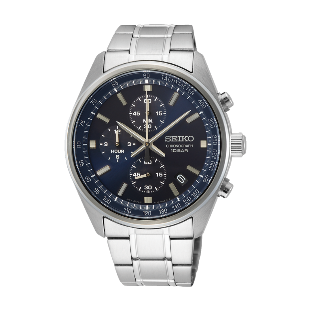 Seiko SSB377P1 quartz chronograph with stainless steel case and Hardlex crystal